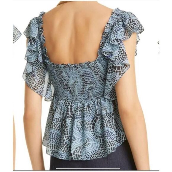 Cinq A Sept Anabelis Smocked Ruffle Top Blue Sz Large - Picture 2 of 5